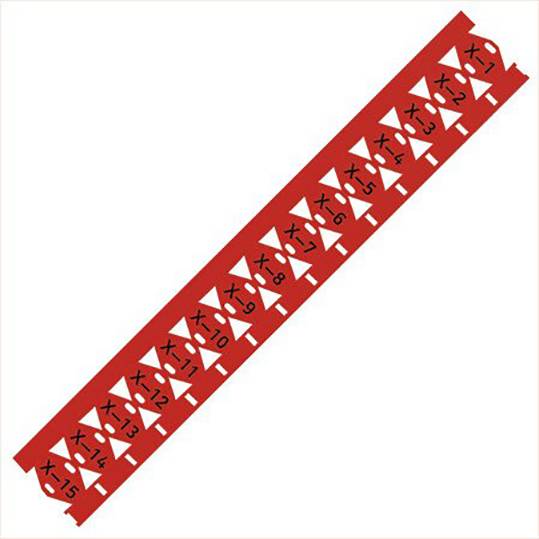 Une règle rouge rectangulaire avec des découpes de différentes formes géométriques pour des mesures visuelles et tactiles.