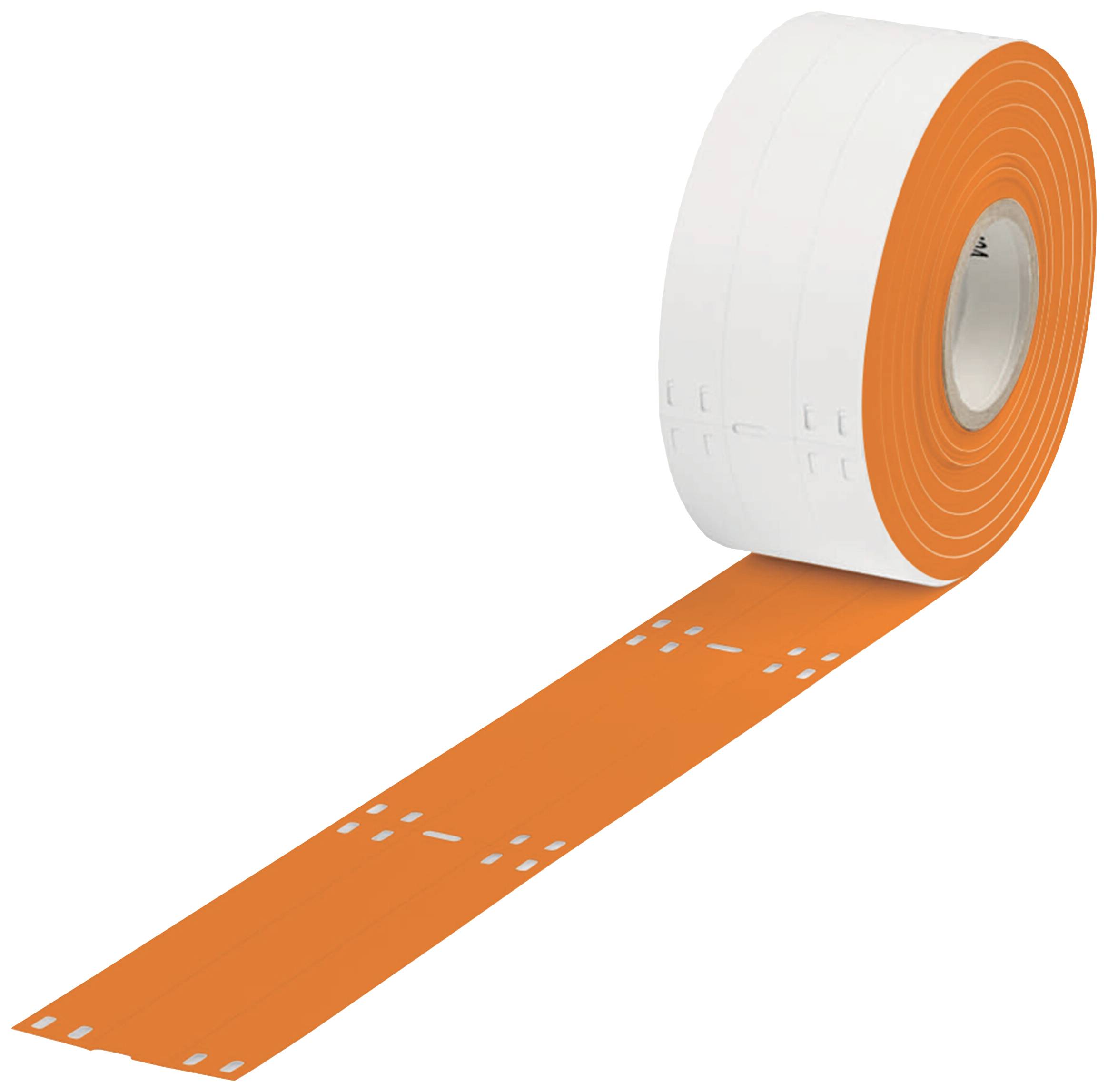 Rouleau blanc avec ruban adhésif orange, partiellement déroulé. Utilisé pour le marquage au sol ou des applications industrielles.