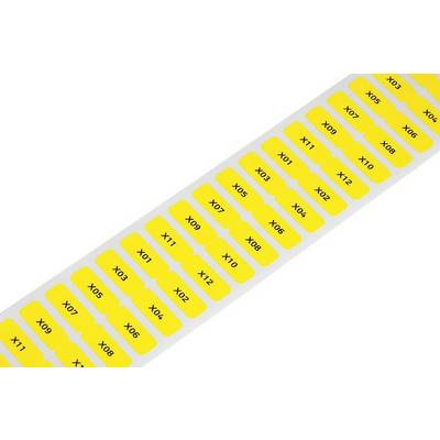 Étiquettes jaunes avec inscription noire allant de 'X01' à 'X12', disposées sur un fond blanc en trois colonnes.
