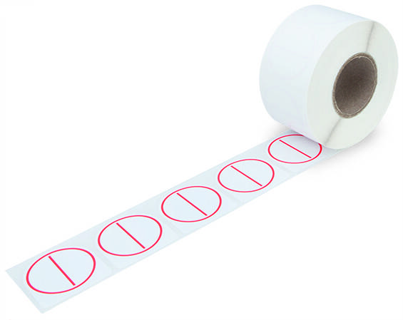 Rouleau blanc avec des autocollants ronds, bordé de rouge, avec des cercles barrés.