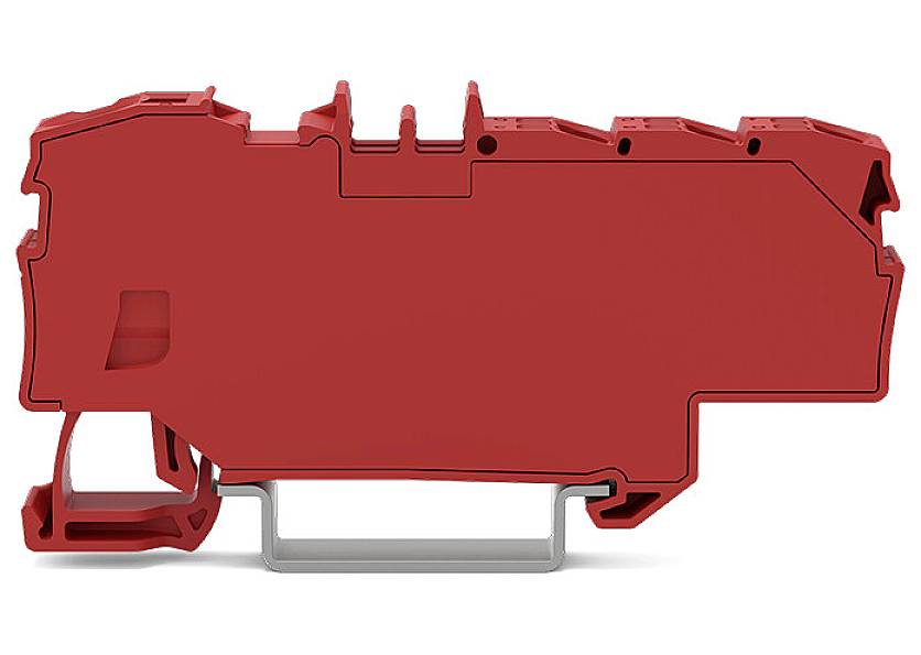 Boîtier en plastique rouge, rectangulaire, avec plusieurs possibilités d'insertion et un clip métallique sur sa face inférieure.