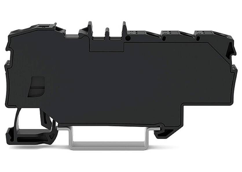 Pièce rectangulaire en plastique noir, probablement un boîtier ou un couvercle, avec plusieurs ouvertures et un support en bas.
