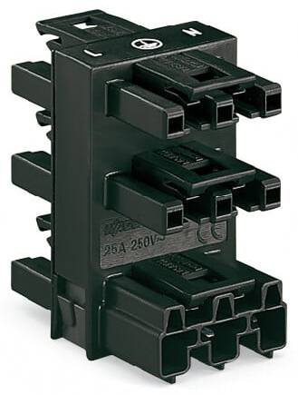 Connecteur électrique noir multibroche, adapté pour 25 A et 250 V, sur fond blanc.