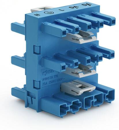 Connecteur électrique bleu multibornes, adapté pour un courant de 25A et une tension jusqu'à 250V.