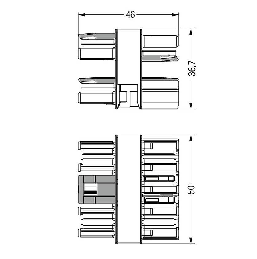 Dessin technique d'un connecteur rectangulaire, vue de dessus et de côté, avec les dimensions 46 mm, 36,7 mm et 50 mm.