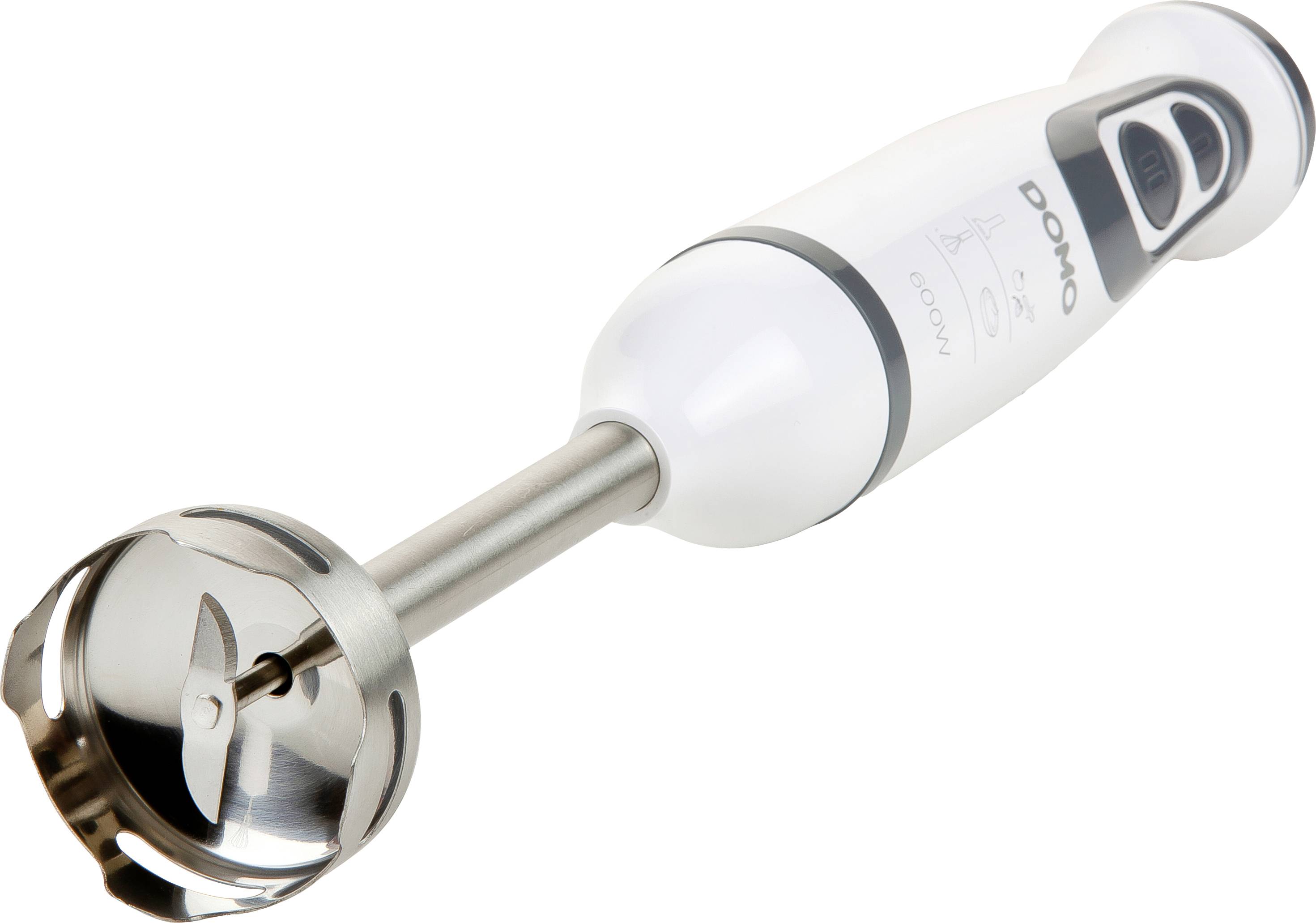 Mixeur plongeant avec manche blanc et tige en acier inoxydable argenté, idéal pour mixer et réduire en purée dans la cuisine.