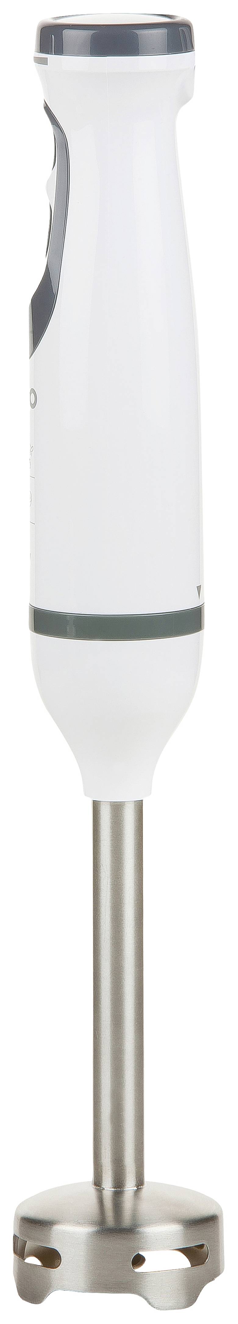 Un mixeur plongeant blanc avec une tige en acier inoxydable et une poignée en plastique, positionné verticalement.