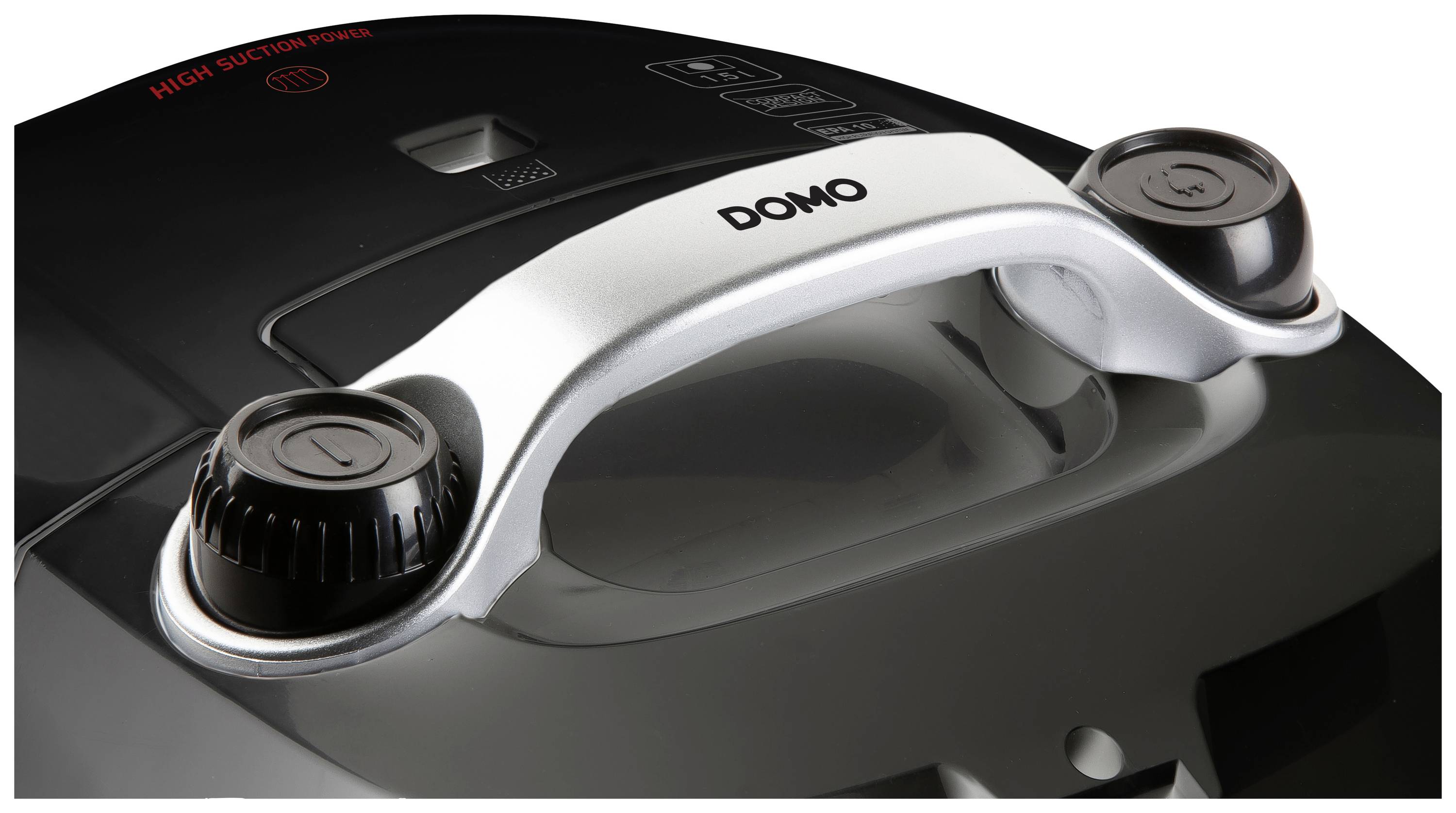 Poignée d'aspirateur avec boutons et l'inscription 'DOMO'.