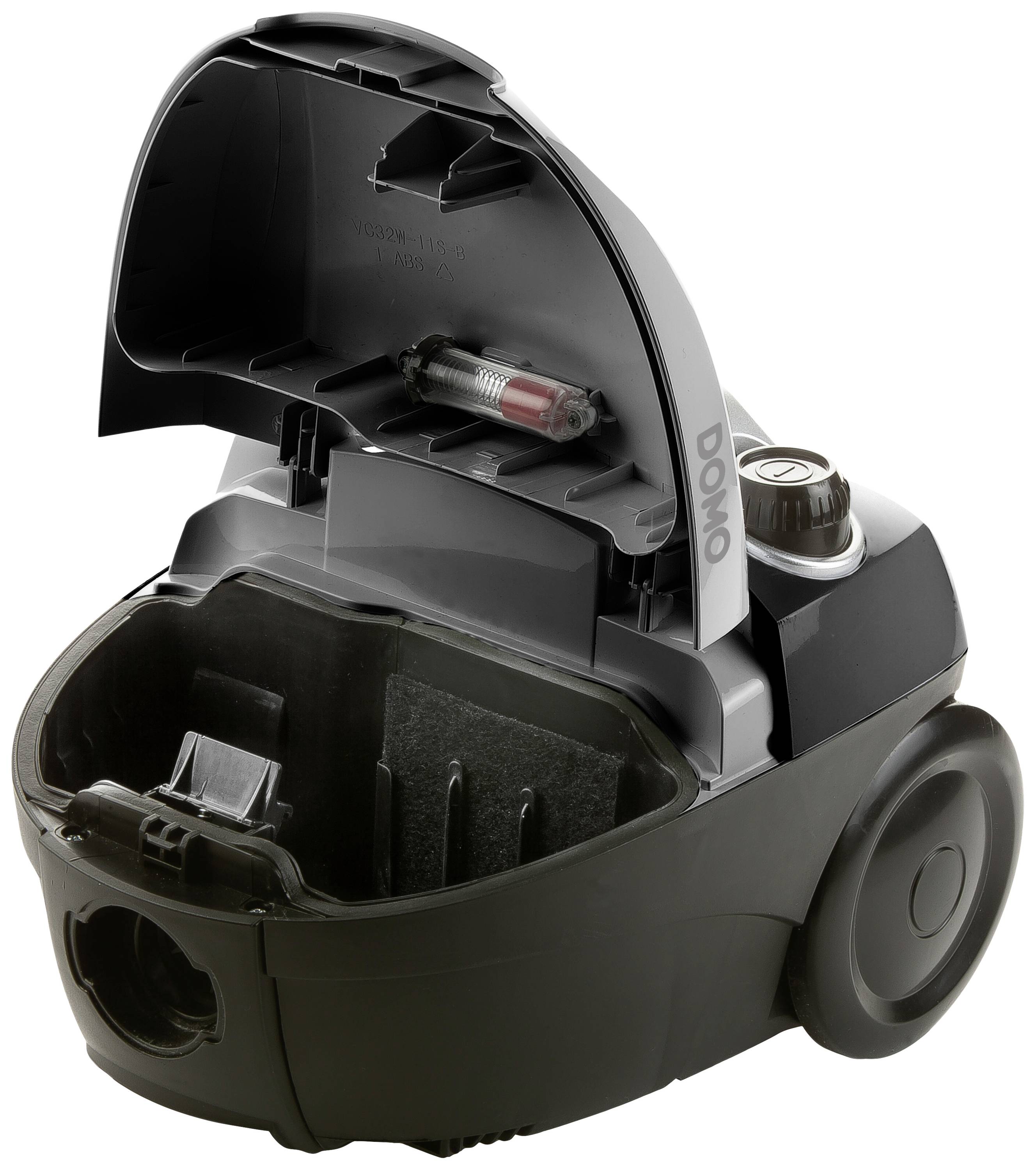 Un aspirateur noir ouvert, avec son couvercle retiré, révèle son intérieur vide et le support pour un élément filtrant.