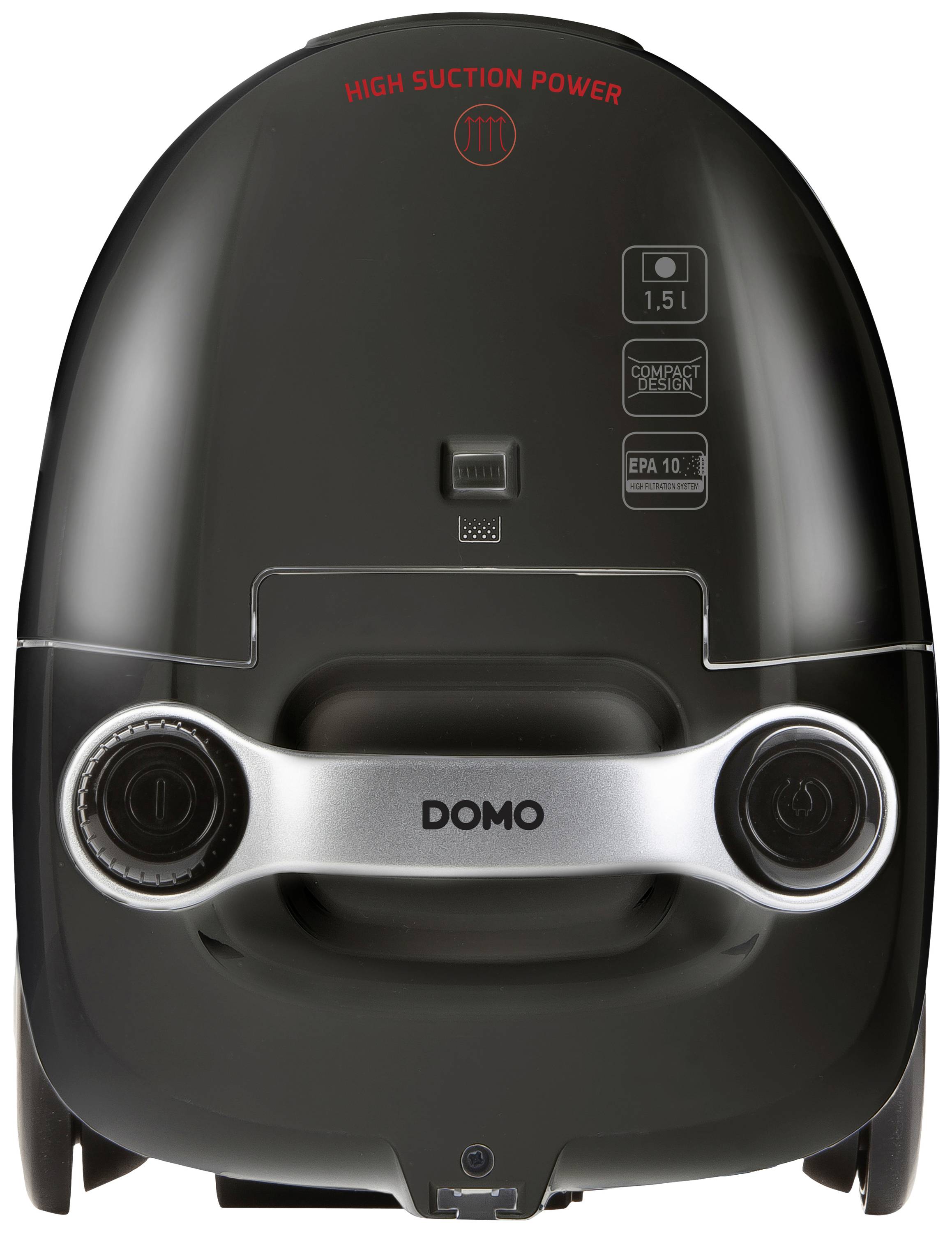 Arrière d'un aspirateur avec commandes et leviers, inscription rouge marquante 'High Suction Power', logo de marque 'DOMO'.