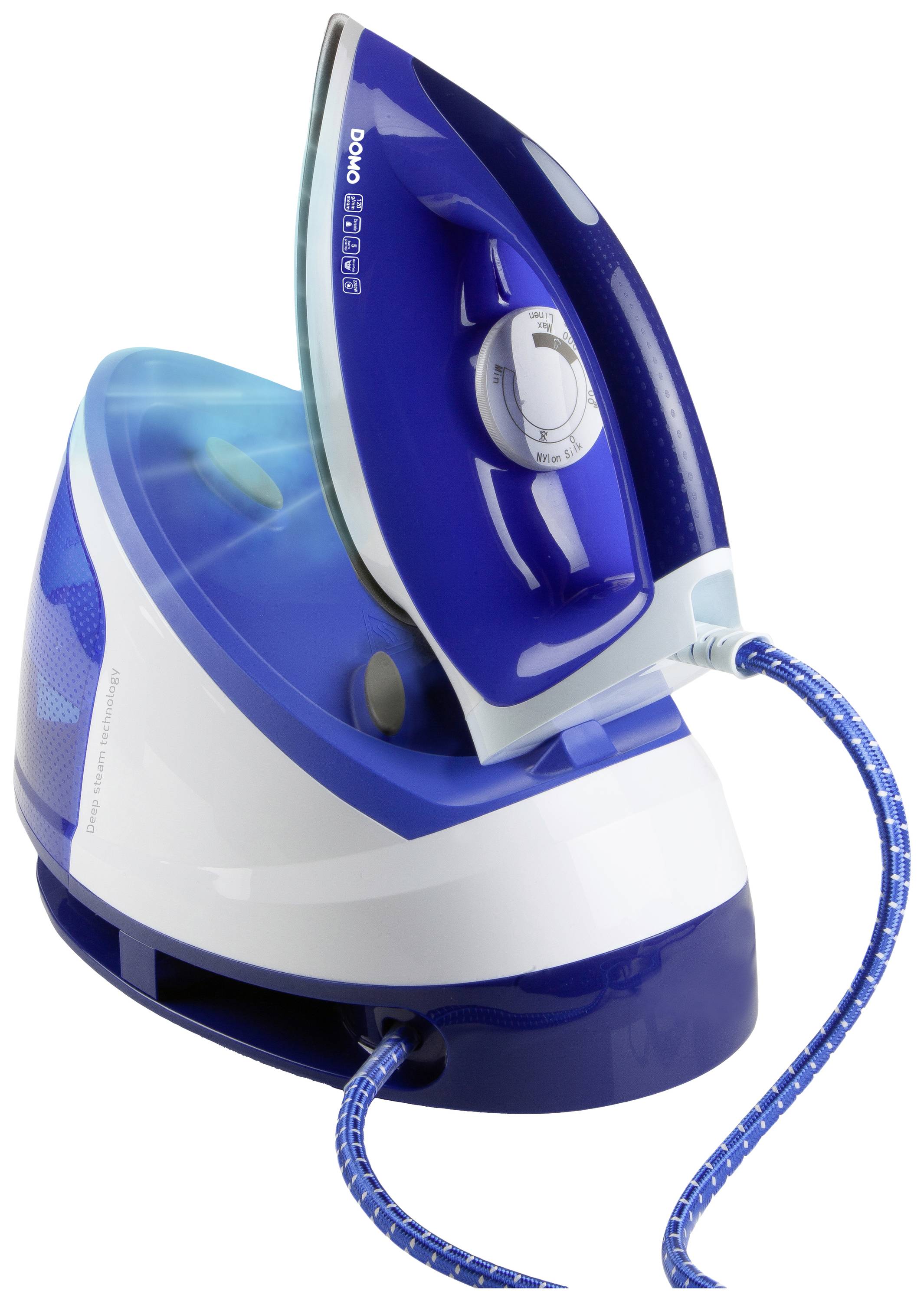 Fer à repasser à vapeur bleu et blanc avec un réservoir d'eau transparent et des commandes sur le dessus. Un câble relie le réservoir et le fer.