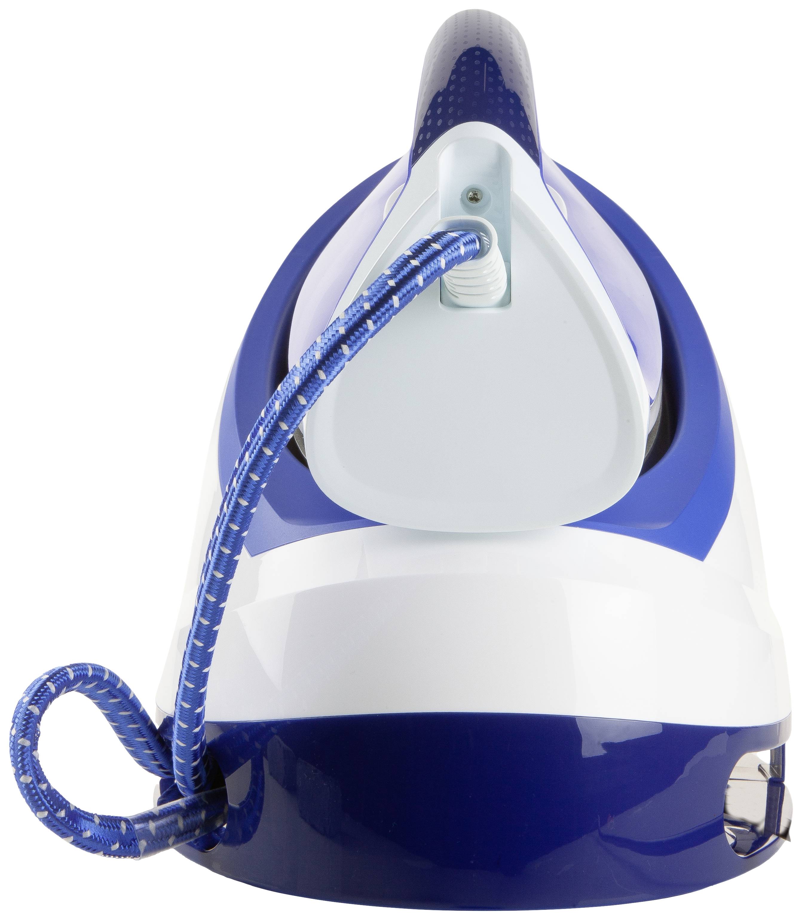 Fer à repasser à vapeur bleu et blanc, vu de dos avec le câble secteur et la poignée visibles.