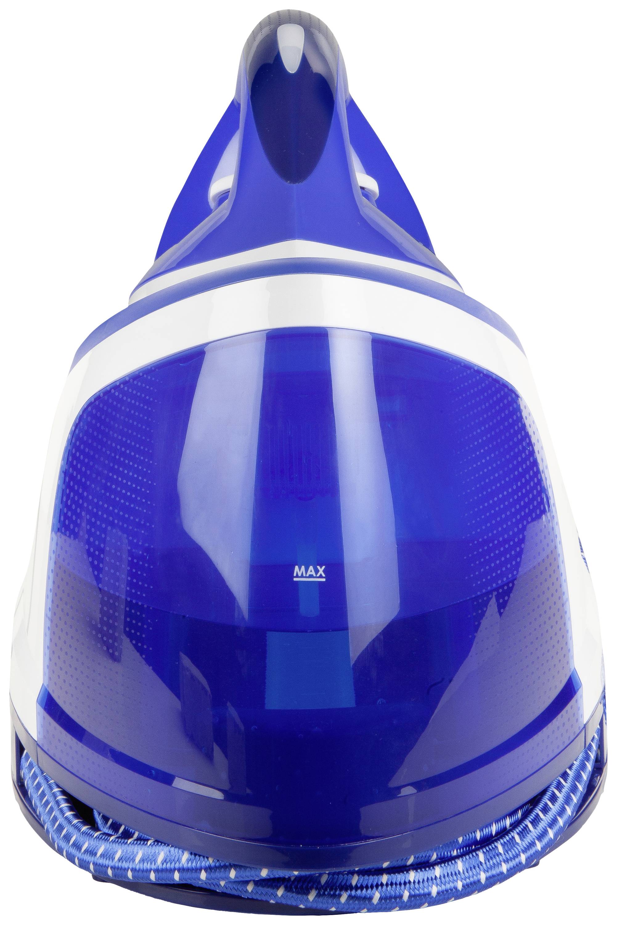 Un casque de protection bleu avec des bandes blanches, photographié de face.