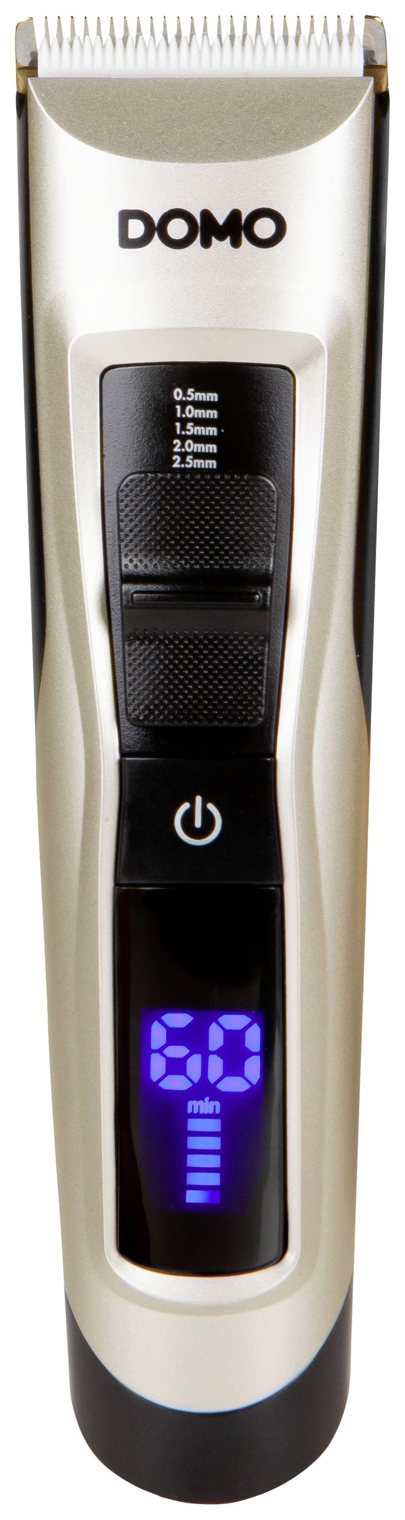 Tondeuse électrique avec affichage LED indiquant '20 min'. Coloris argent et noir, avec têtes de coupe supérieures et interrupteur marche/arrêt sur le côté.