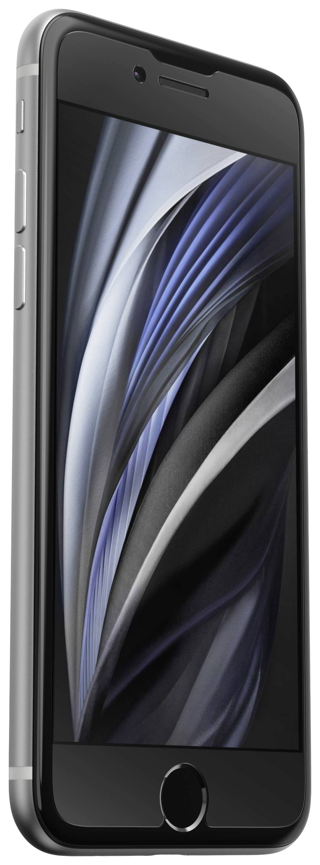 Un smartphone noir aux coins arrondis, vu de côté. L'écran affiche des lignes abstraites et courbes dans des tons de bleu et de gris.