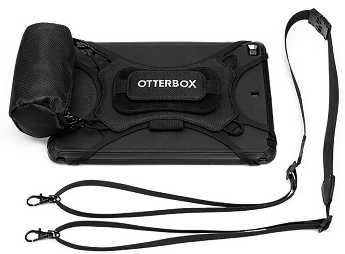 Tablette avec boîtier de protection noir, poignée réglable portant le logo 'Otterbox' et sangles d'épaule amovibles.