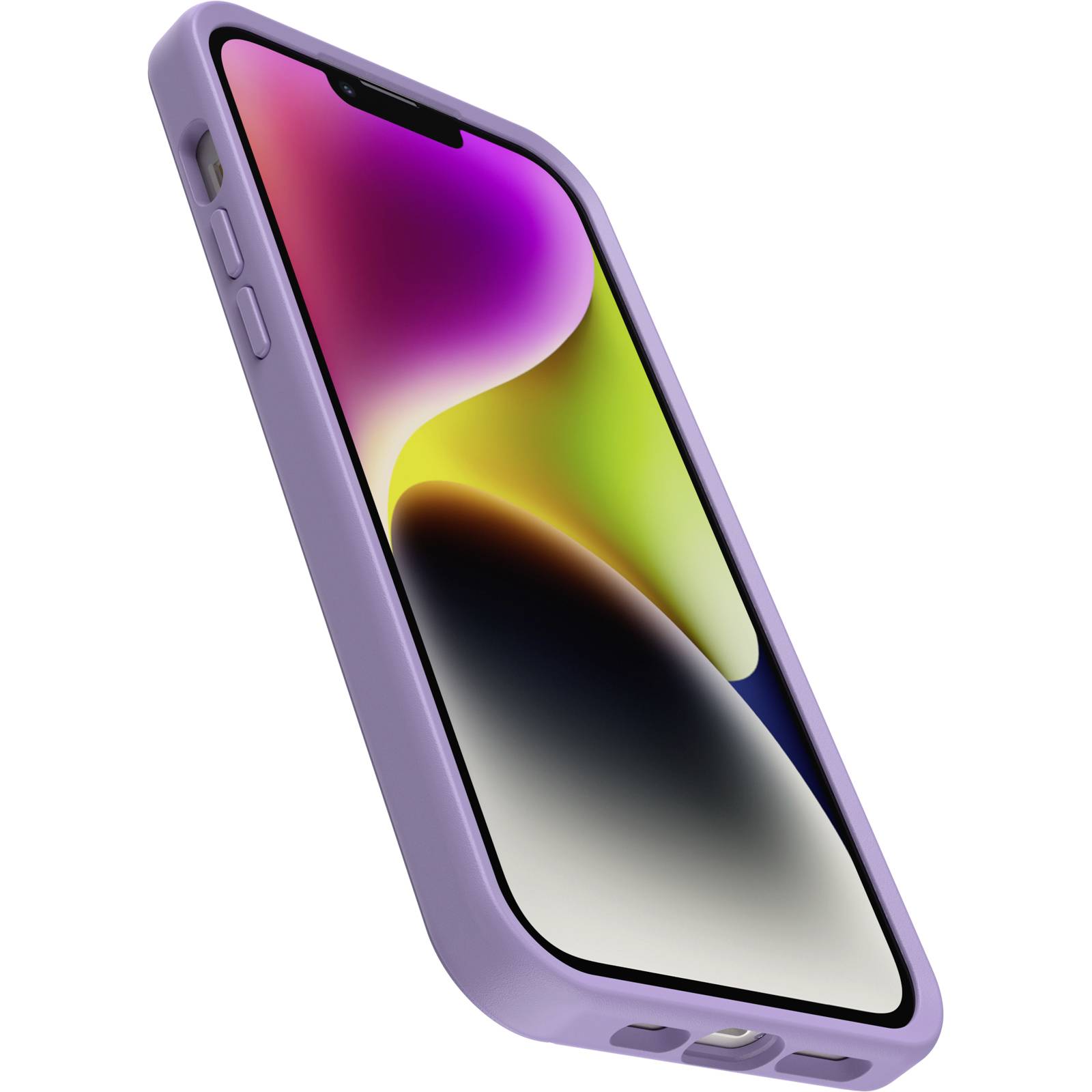 Un smartphone avec un écran coloré et une coque violette est incliné vers le haut.