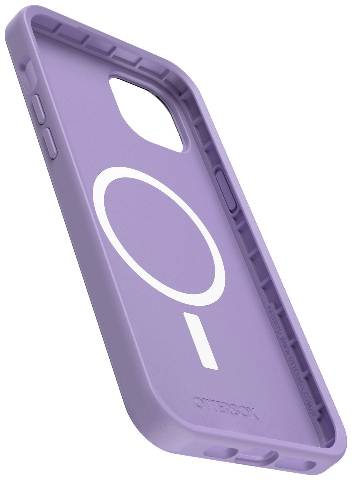 Un étui pour smartphone violet avec un motif circulaire et le nom de marque 'OtterBox', conçu pour protéger le smartphone.