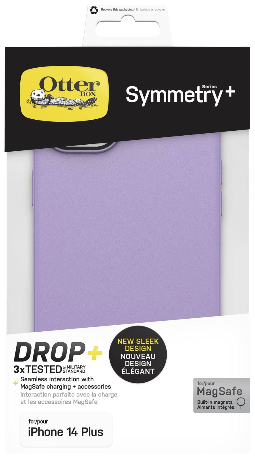 Coque Lila de la marque 'OtterBox Symmetry+' pour iPhone 14 Plus, compatible avec MagSafe, illustrée sur un fond blanc.