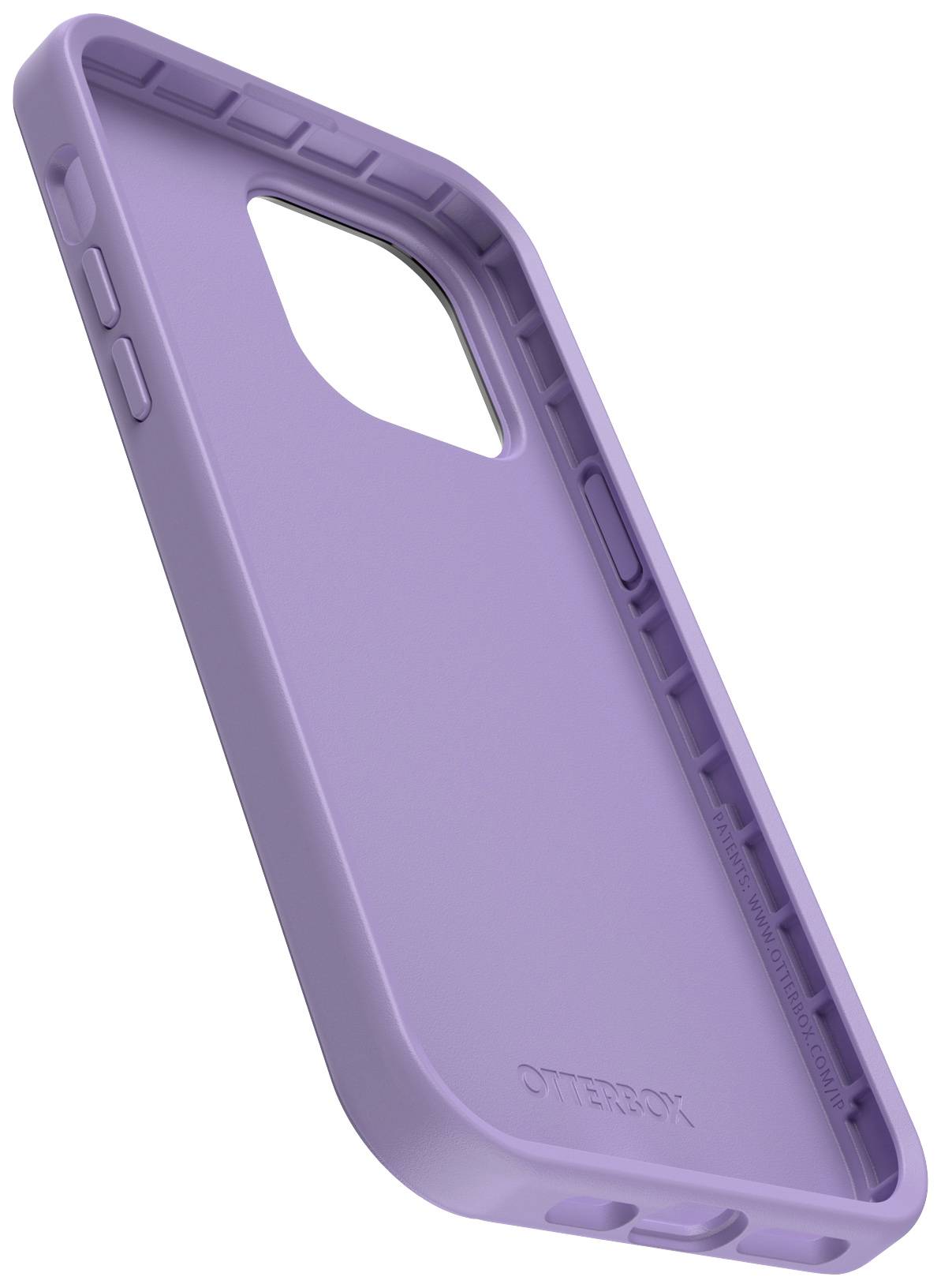 Étui Lila au design robuste avec un bord légèrement surélevé pour protéger l'ouverture de l'appareil photo. Nom de marque 'OtterBox' au dos.