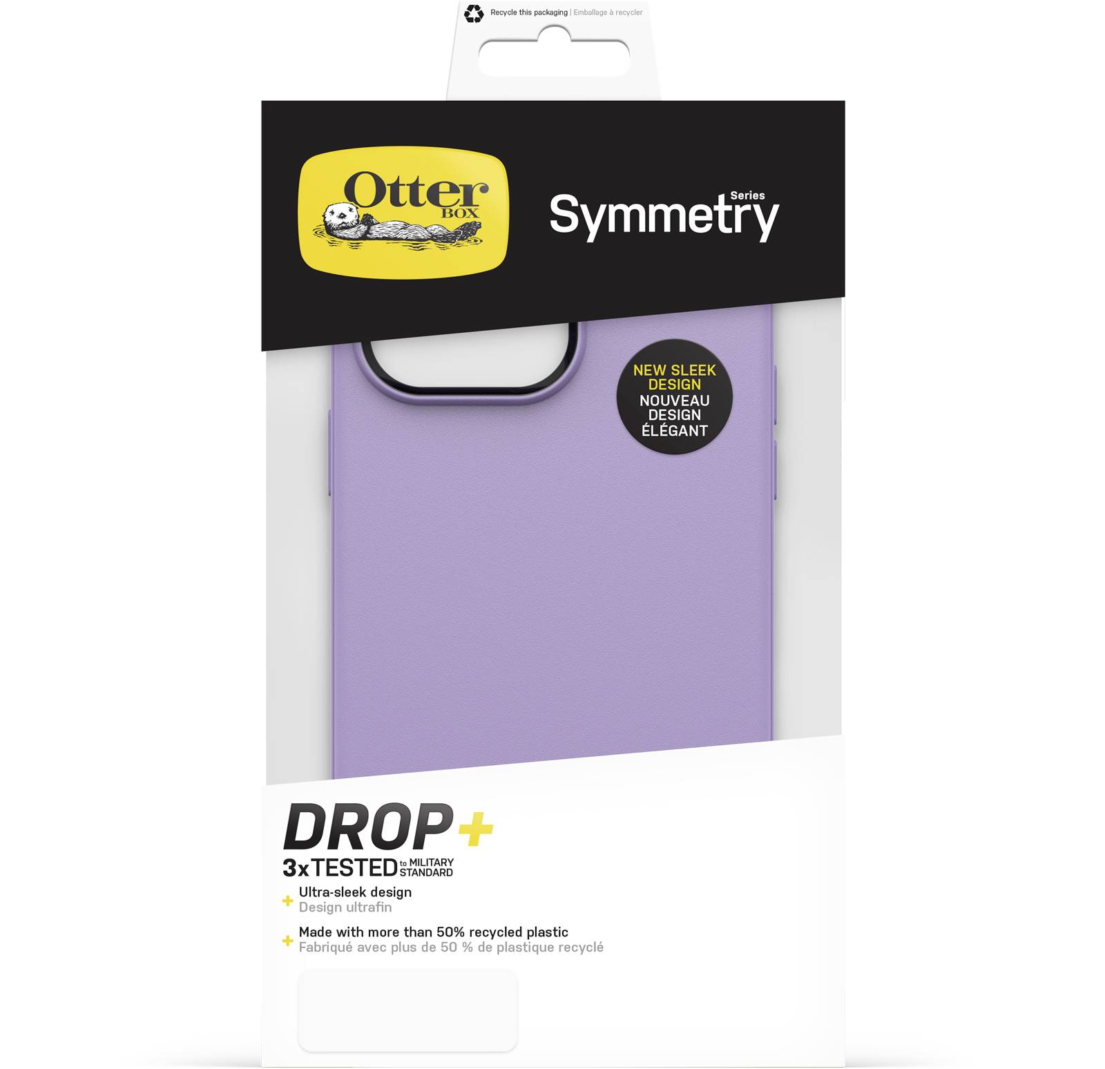 Emballage d'une coque de téléphone de la marque Otterbox, modèle 'Symmetry+'. La coque est violette et fabriquée à partir de plus de 50% de plastique recyclé.