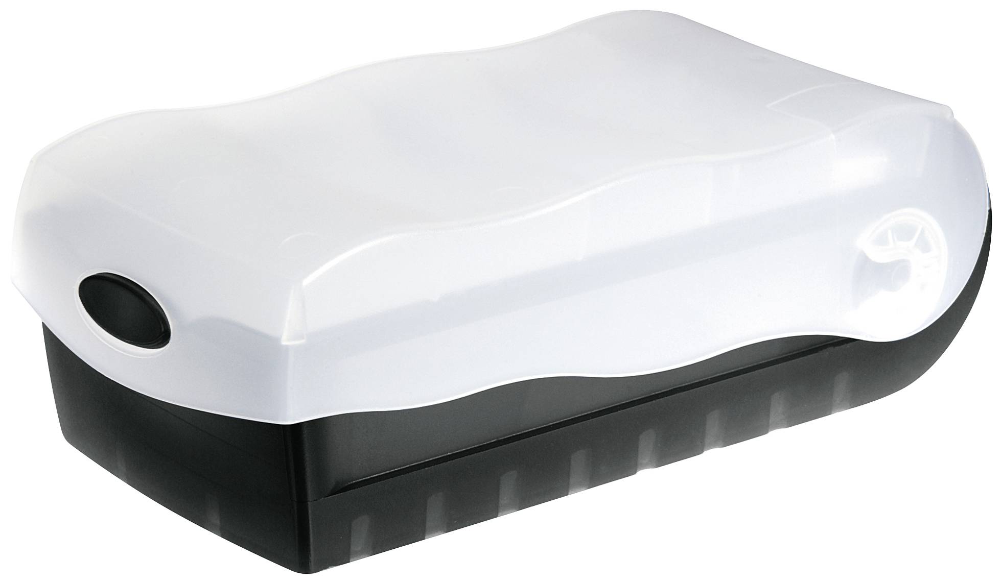 Boîte en plastique blanc avec un fond et un couvercle noirs, adaptée au rangement.