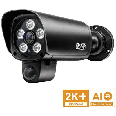 Caméra de surveillance noire avec plusieurs LED infrarouges, portant l'inscription 'INSTAR', annoncée avec '2K+ 2560X1440' et 'Reconnaissance d'objets par IA'.
