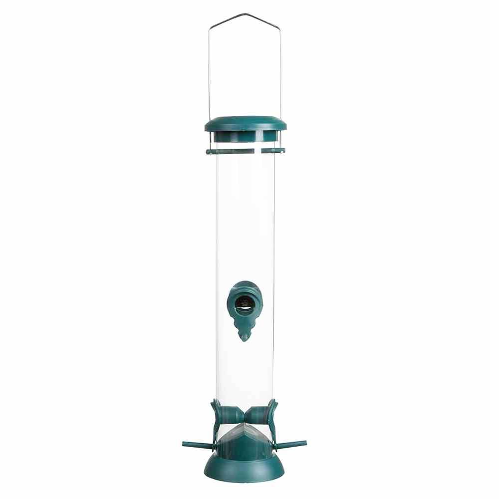 Un distributeur de nourriture pour oiseaux long et transparent avec un couvercle vert et un support pour suspendre à l'extérieur.