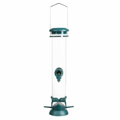 Un distributeur de nourriture pour oiseaux long et transparent avec un couvercle vert et un support pour suspendre à l'extérieur.