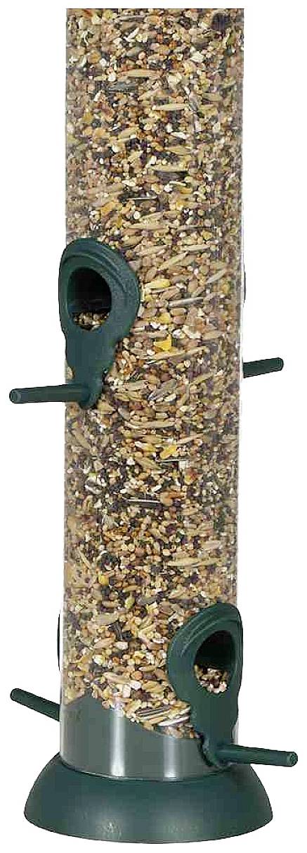 Un distributeur de nourriture pour oiseaux haut et transparent, doté de plusieurs perchoirs verts, rempli de différentes graines.