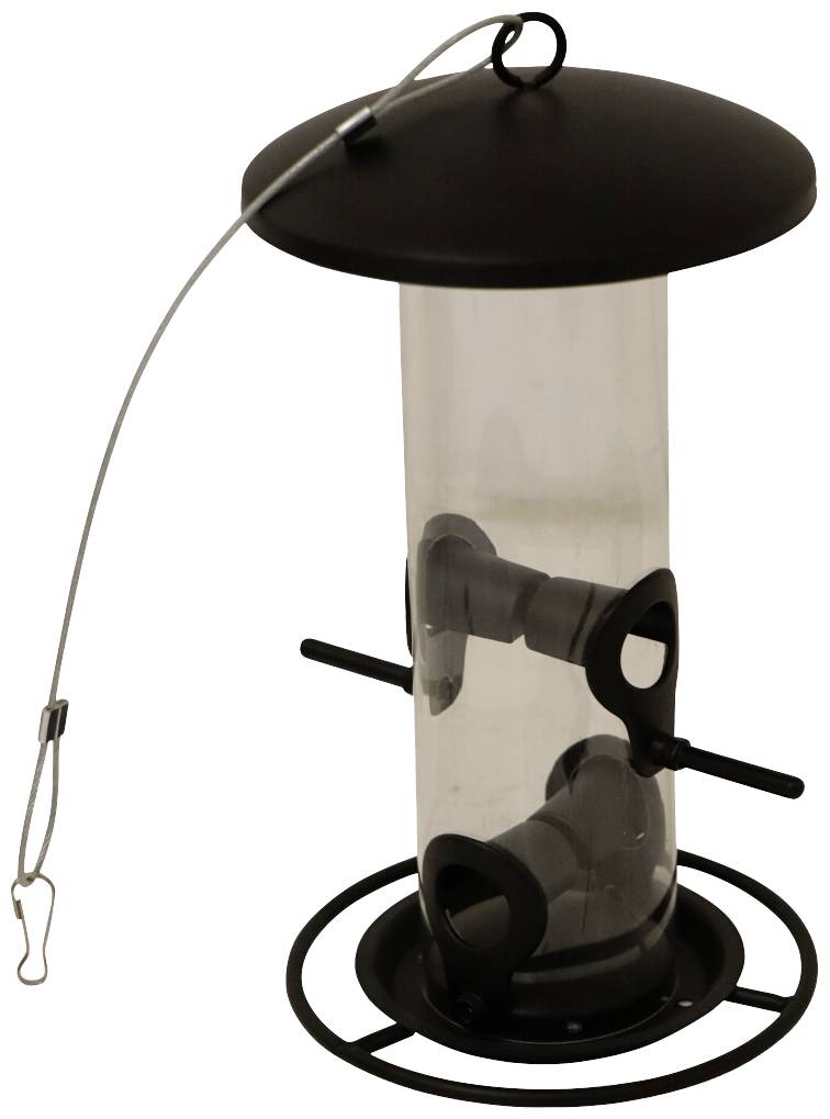 Distributeur de nourriture pour oiseaux : Design cylindrique en matériau transparent, doté de deux perchoirs et d'un couvercle métallique, adapté à la suspension.