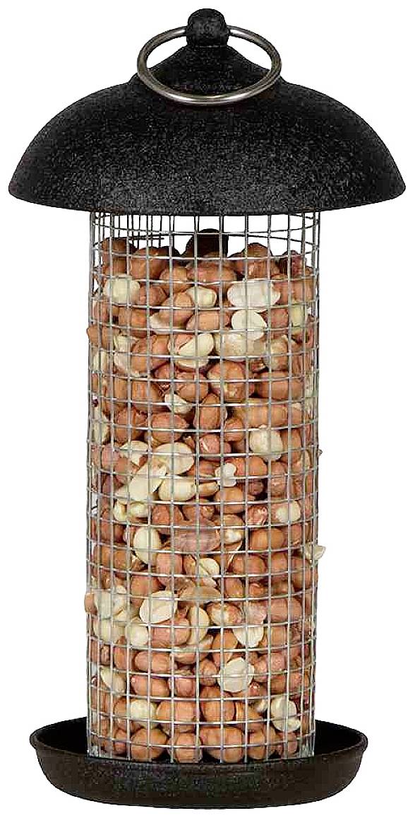 Une mangeoire pour oiseaux noire, de forme grillagée, remplie de cacahuètes, est suspendue à un anneau.