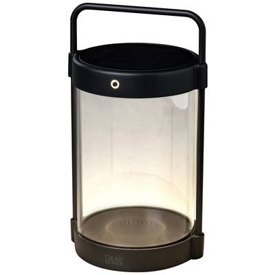 Lampe cylindrique transparente avec poignée et couvercle noirs, illuminée lorsqu'elle est allumée.