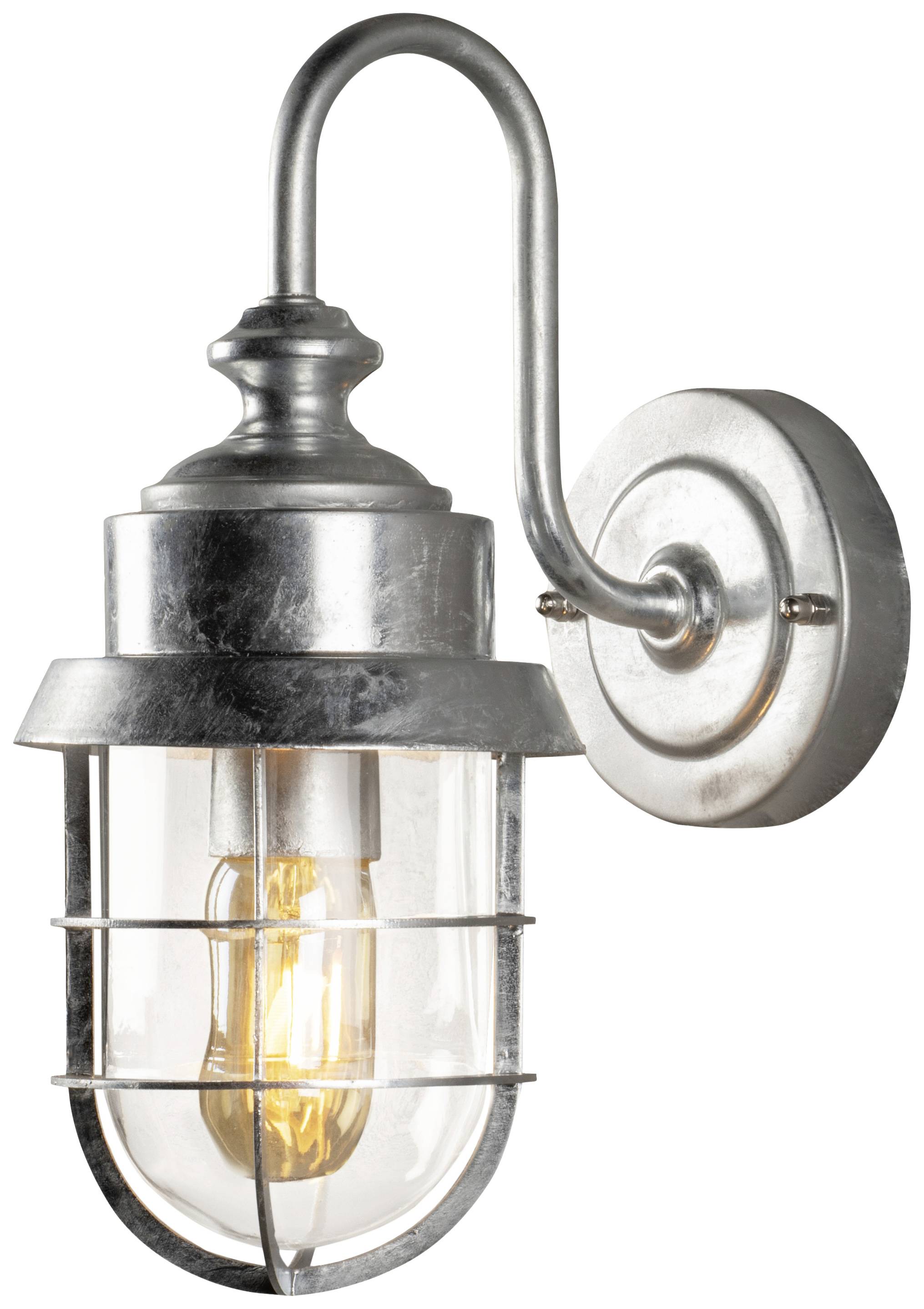 Applique industrielle avec monture en métal et boîtier en verre. Elle présente une armature incurvée et un filament visible à l'intérieur.