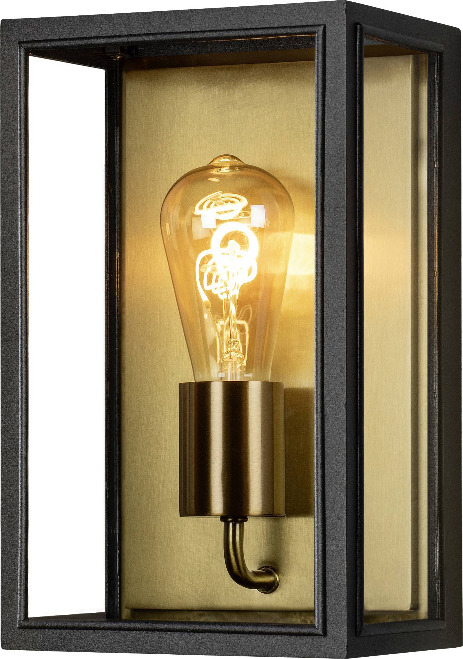 Une ampoule allumée dans un luminaire mural moderne, rectangulaire, avec un cadre noir et un fond doré.