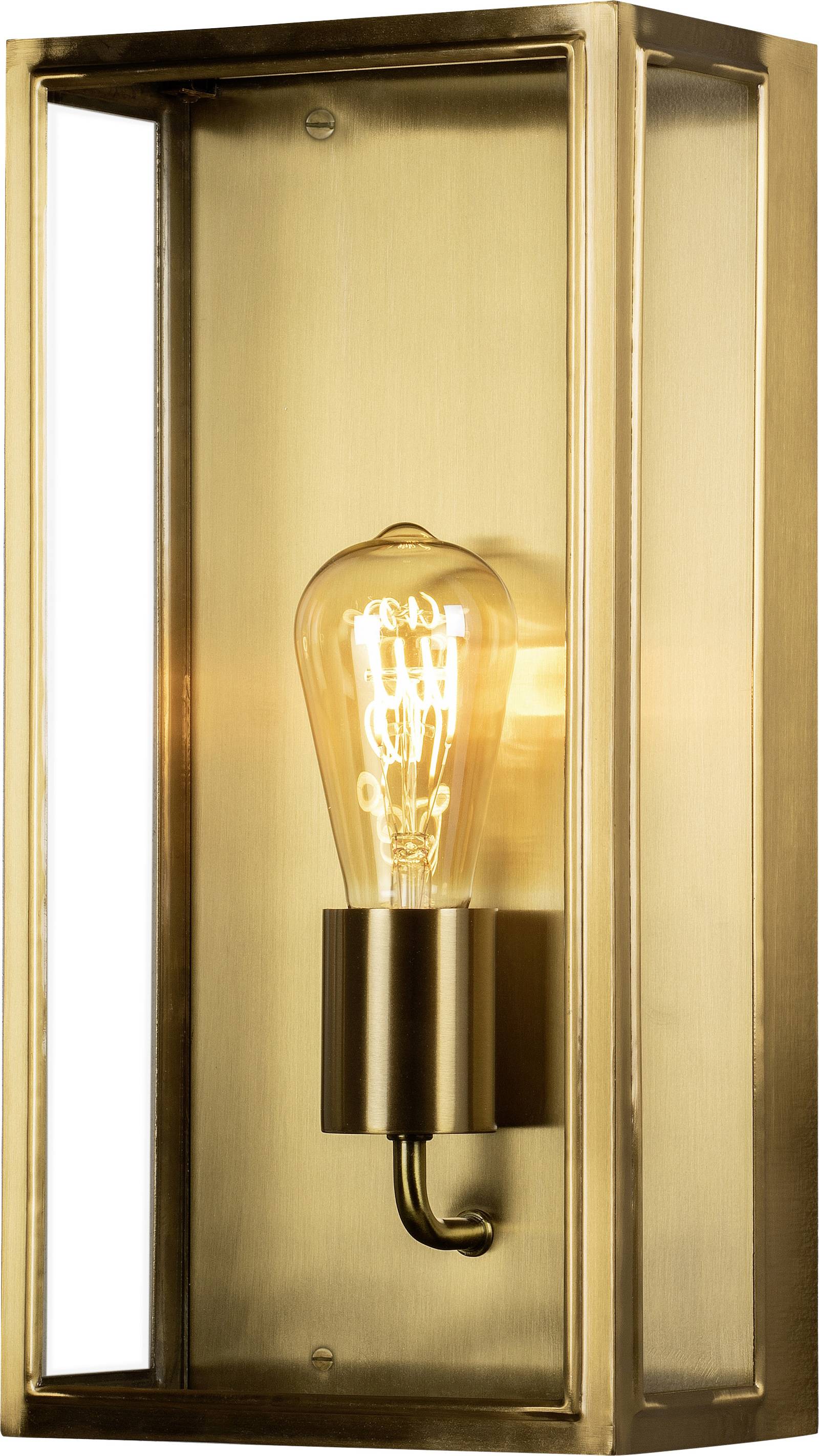Applique murale avec un cadre en verre et une ampoule visible dans un boîtier doré, allumée et diffusant une lumière chaleureuse.
