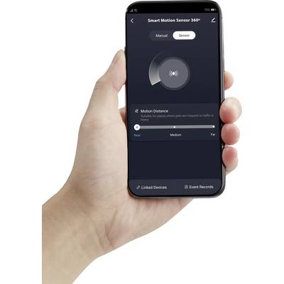 Écran de l'application 'Capteur de Mouvement Intelligent 360°' sur un smartphone, affichant le statut du capteur et le réglage de la 'Distance de Mouvement' avec les options 'Proche', 'Moyen', 'Lointain'.