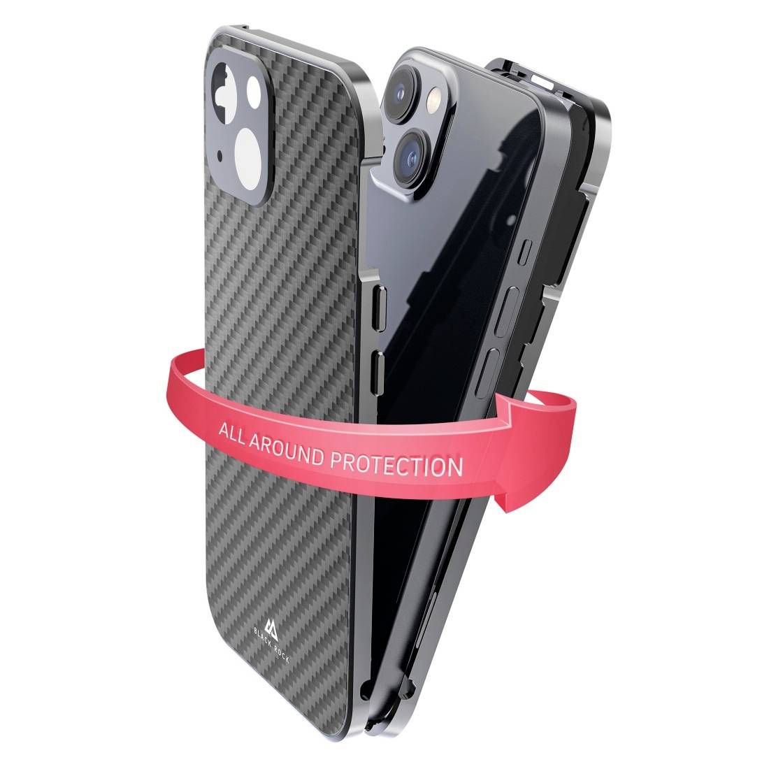 Coque de smartphone au design en fibre de carbone enveloppe l'appareil. Une bande portant l'inscription 'ALL AROUND PROTECTION' souligne la protection intégrale.