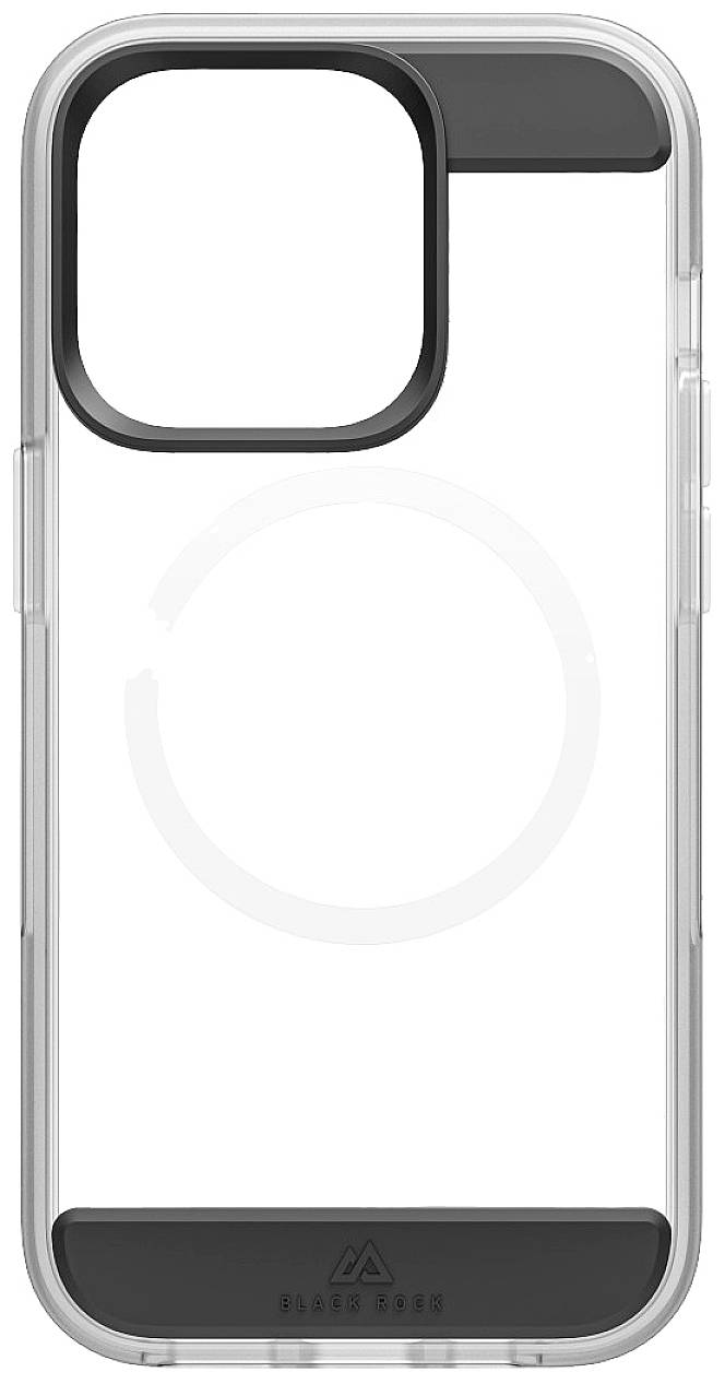 Étui de téléphone transparent avec des touches noires autour de l'ouverture de la caméra et du bord inférieur. Adapté pour un modèle de smartphone moderne.
