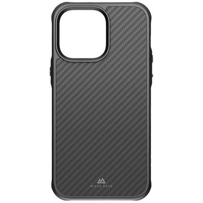 Coque de smartphone noir avec aspect fibre de carbone. Ouverture pour l'appareil photo en haut à gauche. Logo 'Black Rock' fin en bas.