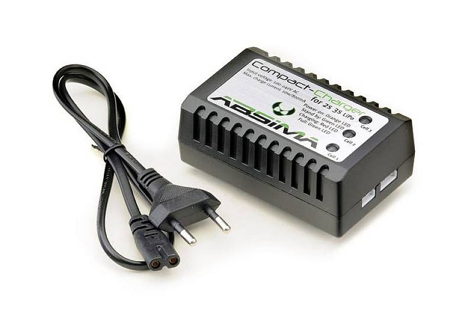 Chargeur avec câble, adapté pour batteries LiPo 2-3s. Produit Absima, compact et noir avec logo vert sur le dessus.