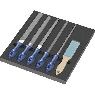 Ensemble de cinq limes avec des manches bleus et une râpe disposés sur une plaque de mousse noire.
