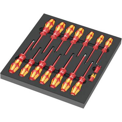 Ensemble de tournevis dans un support en mousse. Différentes tailles, idéal pour les travaux manuels. Poignées en rouge et jaune.