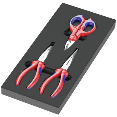 Ensemble d'outils comprenant deux pinces et une paire de ciseaux, tous munis de poignées rouges, dans un support en mousse.