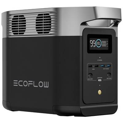 Station de charge portable avec un écran affichant un état de charge à 99%. Nom de marque 'ECOFLOW' sur le côté. Plusieurs ports USB en bas.