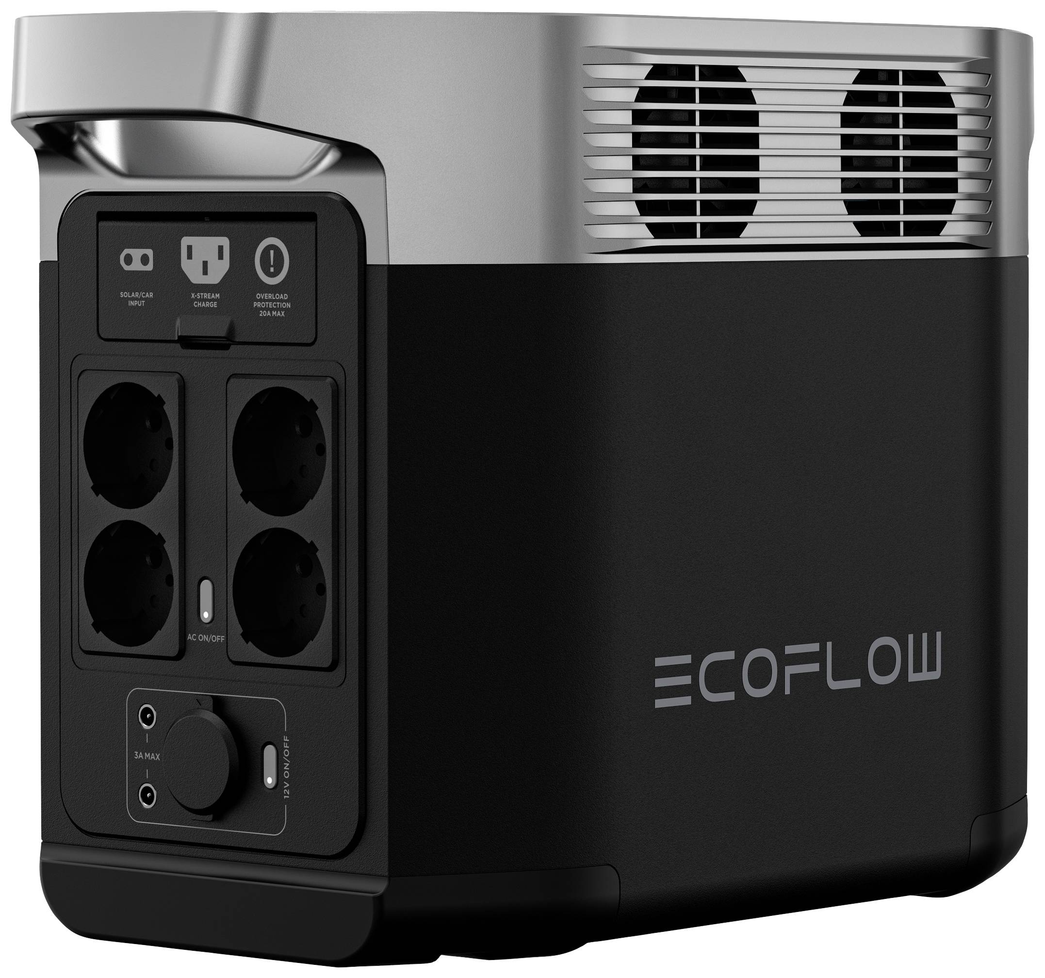 Une station d'alimentation portable avec quatre prises électriques, deux ports USB et des fentes de ventilation. Adaptée à l'alimentation électrique en extérieur.