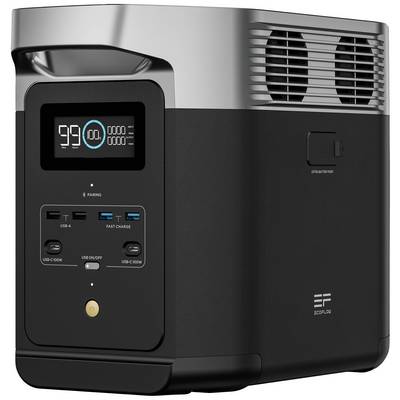 Une station d'alimentation portable avec affichage numérique indique un état de charge de 99%. Différentes prises d'alimentation sont visibles.