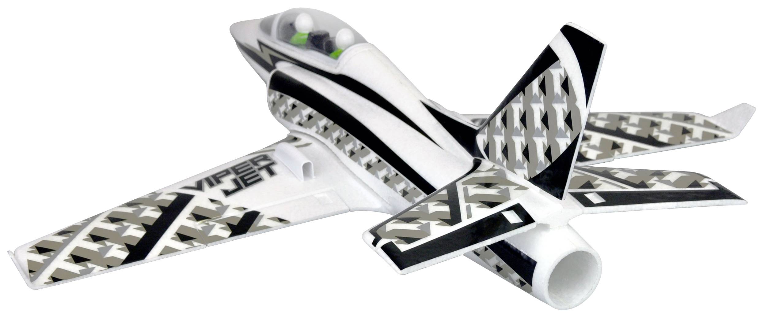 Avion-jouet portant l'inscription 'Viper Jet' sur l'aile. Design en noir et blanc avec des motifs géométriques, ailes et empennage bien visibles.