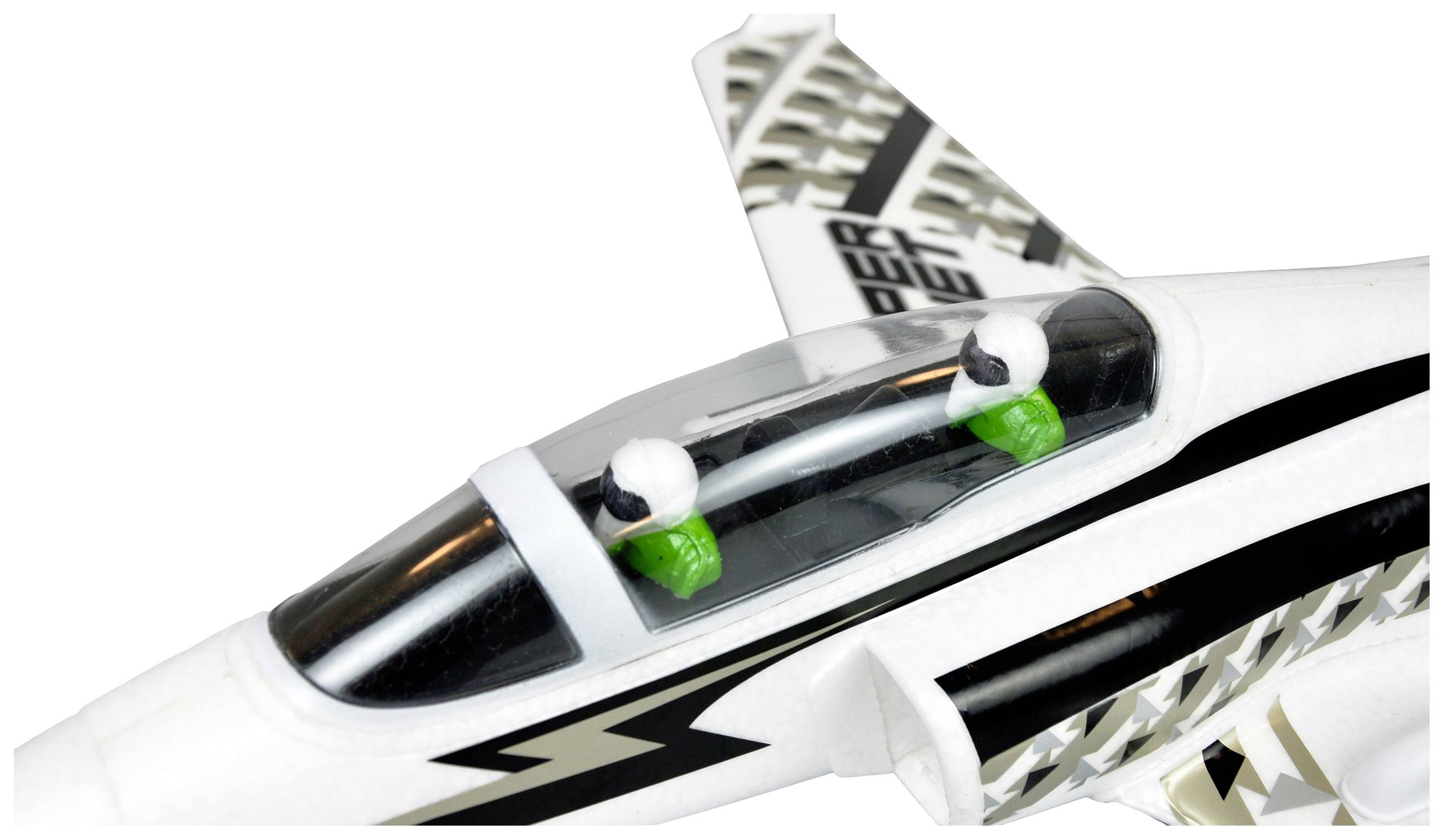 Avion jouet avec un cockpit transparent dans lequel sont assis deux personnages. L'avion a un design noir et blanc.