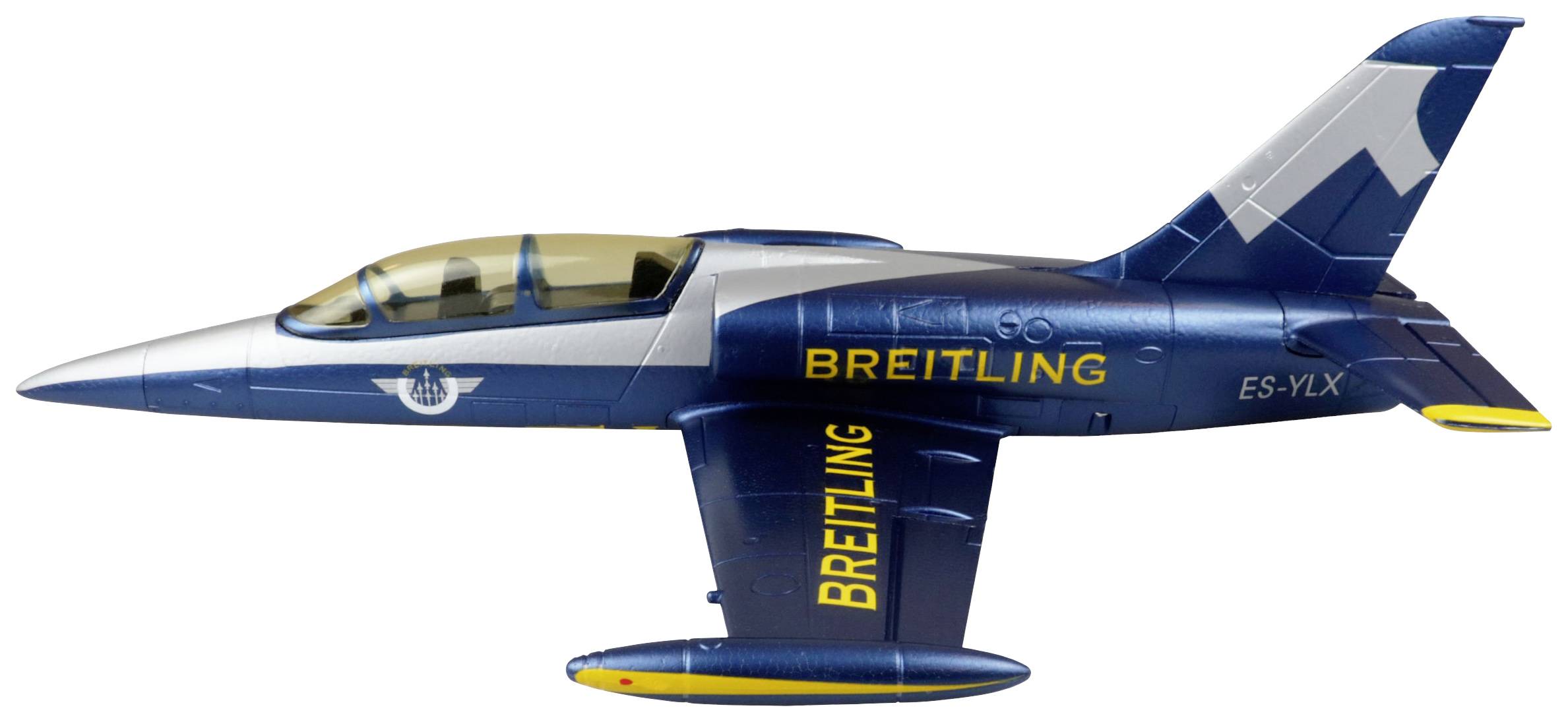 Un avion-modèle bleu et jaune portant l'inscription 'Breitling' sur le côté, représenté de profil sur un fond neutre.